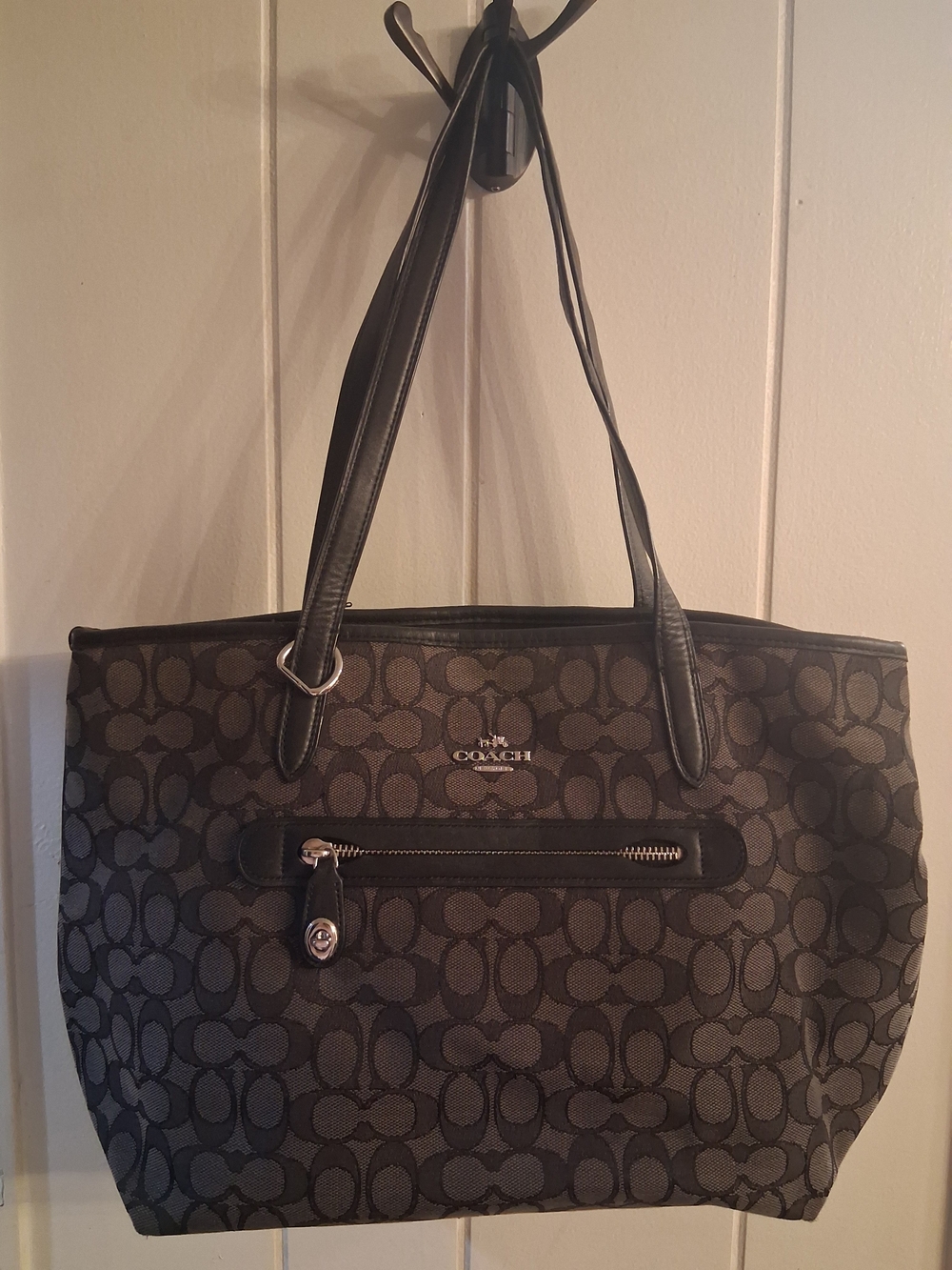 Coach Signature Monogram Tote in Black with Black Trim